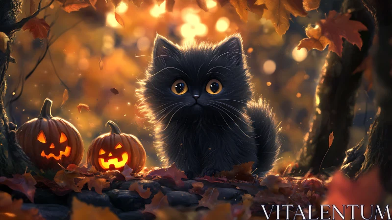 Mystical Black Cat Among Glowing Jack-O'-Lanterns in Autumn