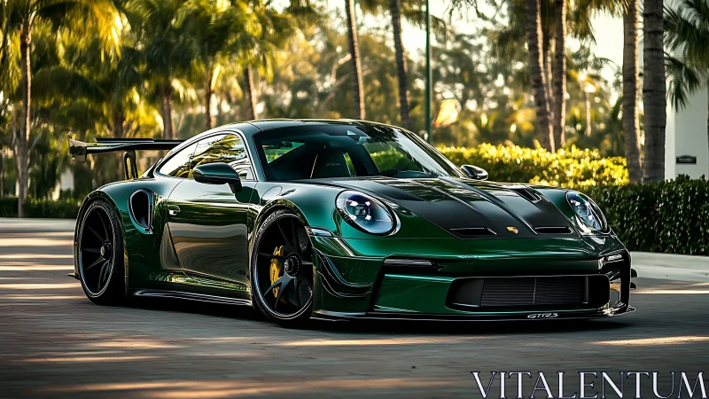 Green Porsche GT sports car parked on sunny palm street.