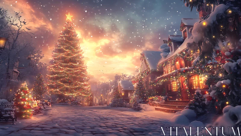 Digital painting of illuminated snowy Christmas village street.