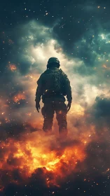 Armored soldier levitates through incendiary storm clouds