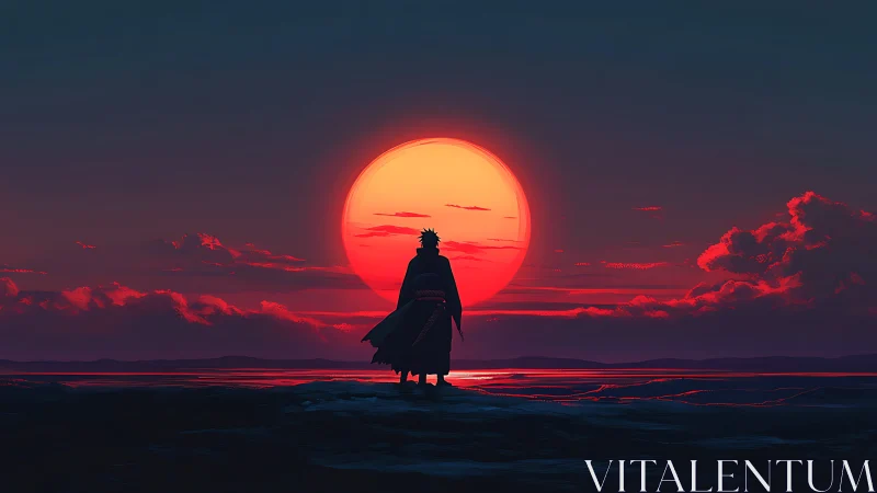 Lone wanderer greeting a blazing red horizon sunset.