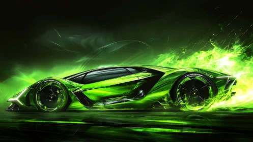 Electric green hypercar blazes through neon plasma night.