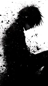 Silhouette of seated figure in black ink splatter field.