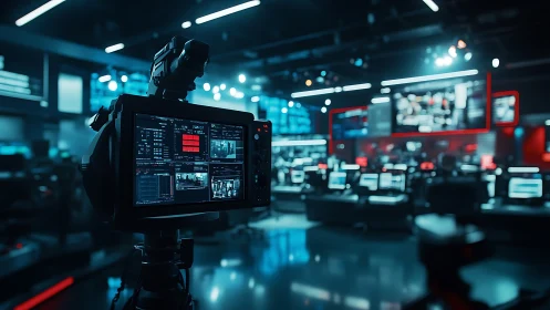 Broadcast camera overlooks glowing high-tech newsroom floor.
