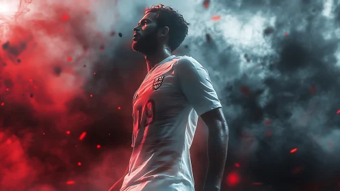 Male soccer player stands in dramatic red and gray smoke