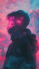 Side-profile astronaut in neon smoke-filled environment.