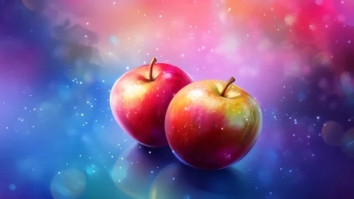 Radiant apples glow softly against a dreamy cosmic sky