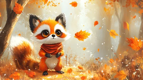 Anthropomorphic red panda in luminous autumn forest clearing