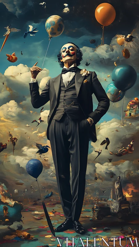 Surreal masked gentleman in suit standing amid floating balloons