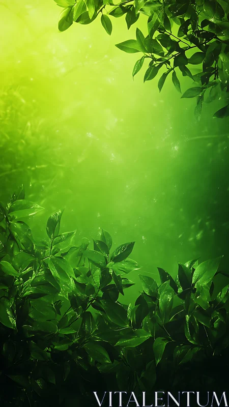 Backlit dew covered foliage with luminous green bokeh field