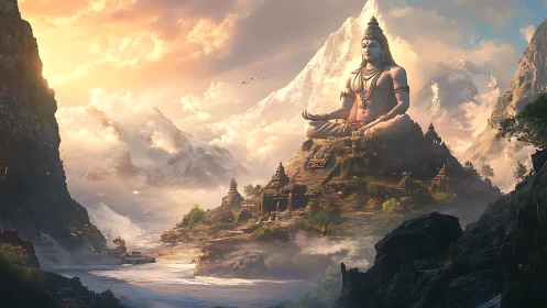 Colossal seated deity statue dominates misty mountain valley
