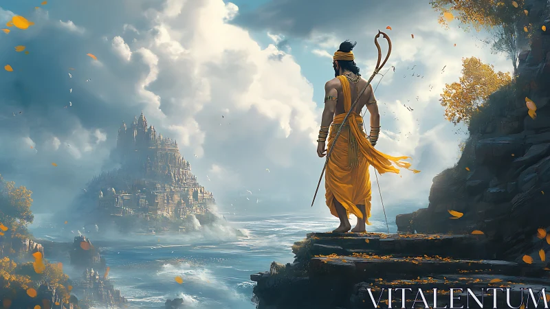 Warrior overlooking misty temple city across stormy sea