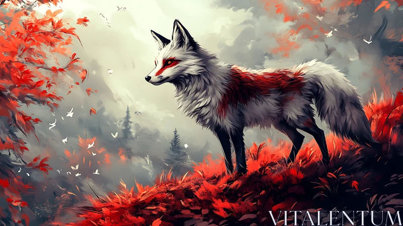 White and red fox in stylized red forest landscape scene.