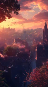 Medieval town skyline under dense orange sunset clouds.