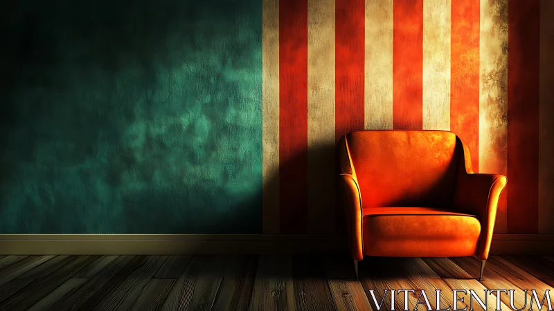 Retro armchair under directional lighting defines textured striped wall