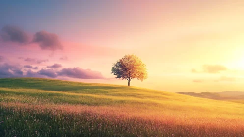 Solitary blossom tree on glowing sunset meadow ridge.