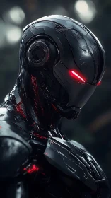 Cybernetic combat exoskeleton with red luminous optics profile