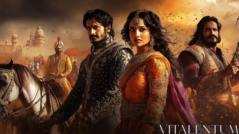 Regal warriors in ornate armor before stormy palace sky.