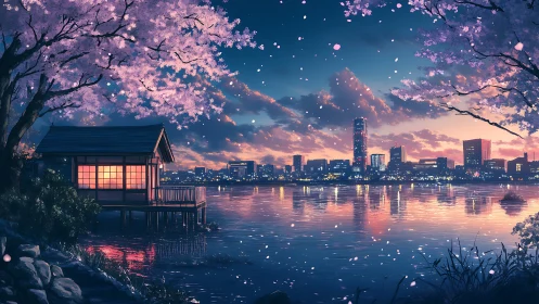 Lakeside teahouse glows beneath twilight cherry blossoms.