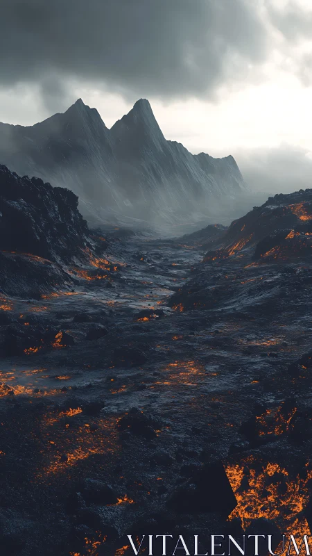 Volcanic valley with molten lava under dense storm clouds