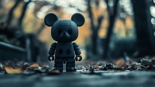 Toy robot bear stands alone on moody autumn pathway.