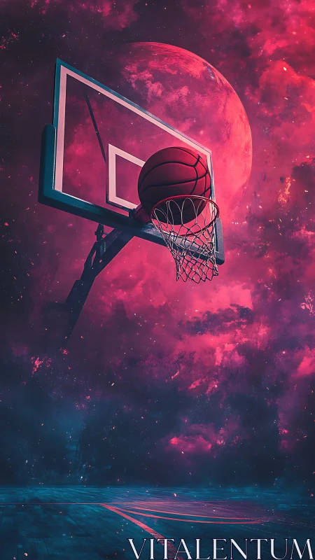 Cosmic basketball hoop hangs before glowing pink planet.
