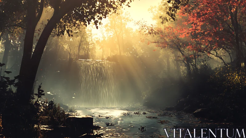 Backlit forest waterfall with autumn foliage and misty creek