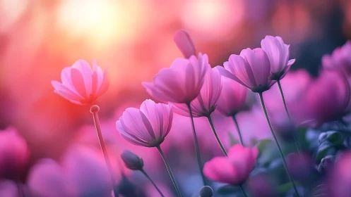 Cosmos Blooms Dance: Pink Petals Swaying in Dreamlight.