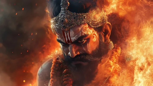 Fire-crowned warlord emerges from blazing ritual inferno.