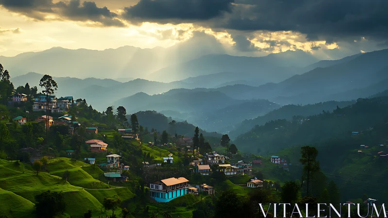 Sunlit mountain village resting under drifting evening clouds.
