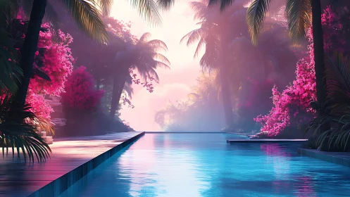 Tropical infinity pool under pastel sunset glow.