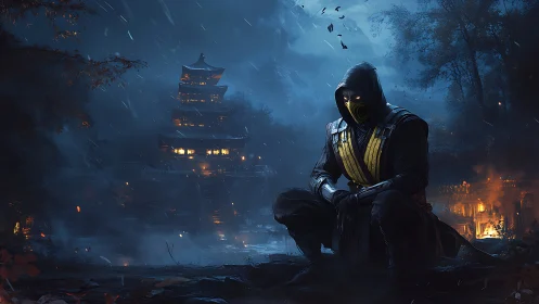 Midnight temple guardian resting in stormlit shadows.