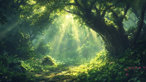 Forest cavern with radiant light penetration and vegetation.