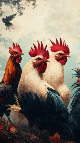 Three roosters with red combs rendered in classical avian portraiture style.