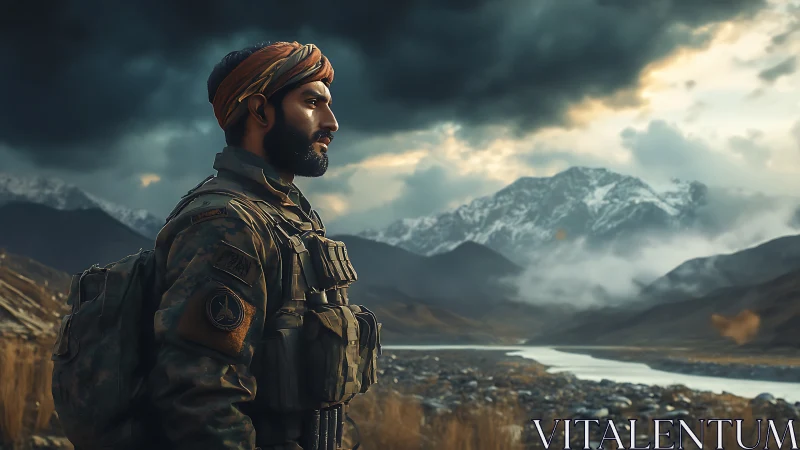 Soldier stands in tactical gear before clouded mountain range