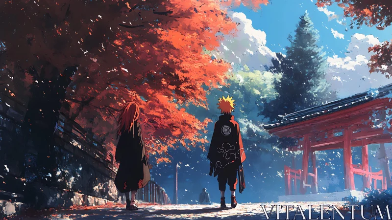 Autumn shrine path with cloaked anime duo in vibrant light.