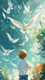 Young child watches doves rising into a luminous teal sky