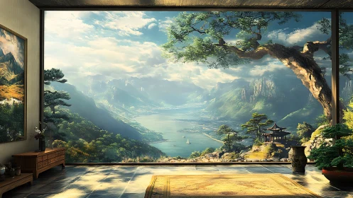 Serene lakeside mountains extend beyond a tranquil room.