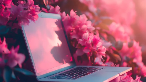Laptop rests among dense pink flowers under warm light