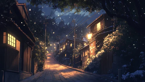 Cozy lantern-lit hillside street glowing under winter twilight.