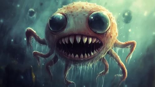 Toothy deep sea monster with tentacles and huge eyes.