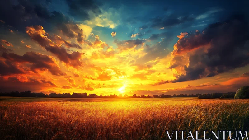 Sunfire horizon blazing over endless golden wheat fields.