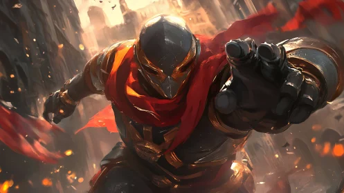 Urban ember knight lunges through crumbling firelit alleyways.