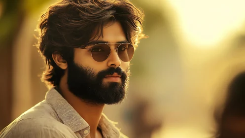 Bearded man in sunglasses stands in warm cinematic backlight