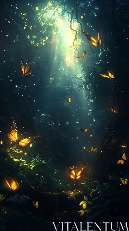Luminous firefly butterflies drift through an emerald dusk forest.