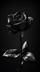 Single black rose stem is isolated under controlled lighting