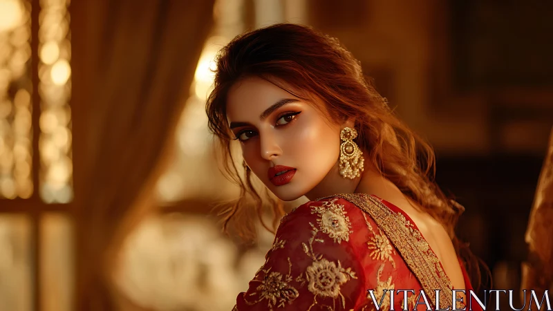 Golden hour portrait enriches red embroidered saree elegance.