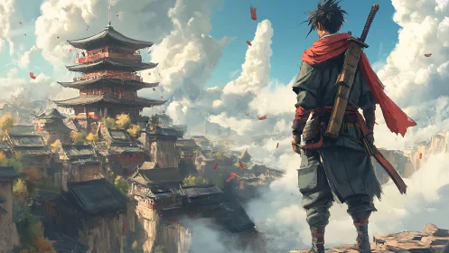 Brave wanderer gazes over a misty mountain temple city