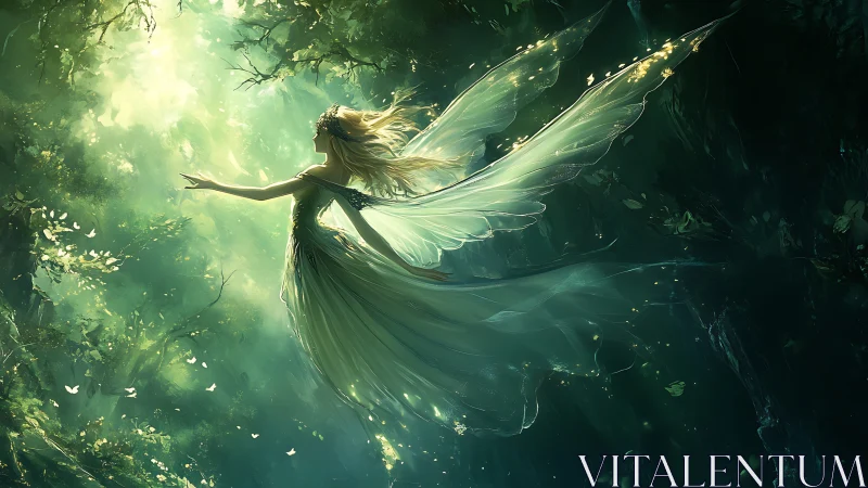 Luminescent forest fairy in radiant green volumetric light
