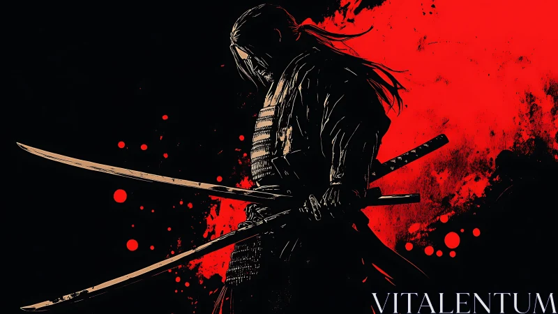 Samurai swordsman silhouette against blood red splatter.